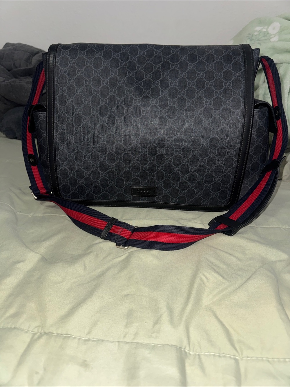 Gucci Black & Grey GG Supreme Canvas Changing Bag with Navy/Red Strap